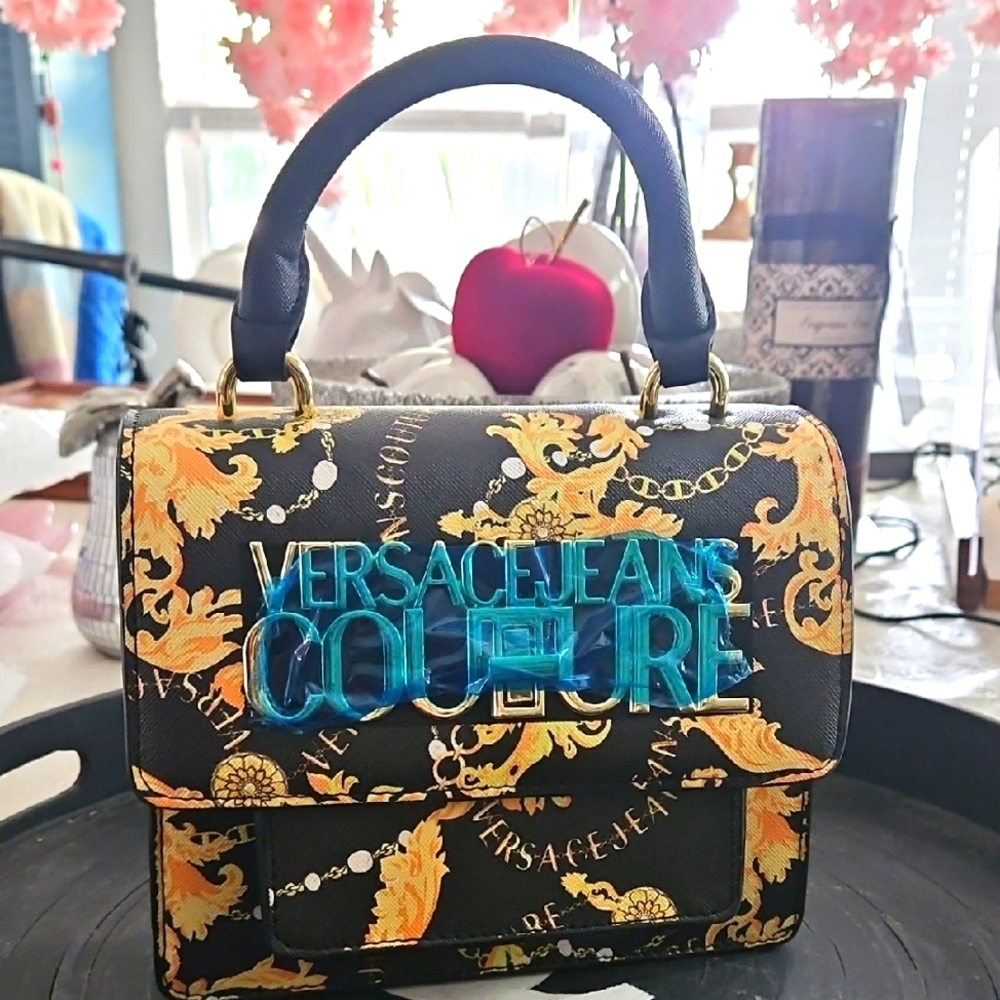 Versace Jeans Couture Black and Gold BAROQUE Satchel